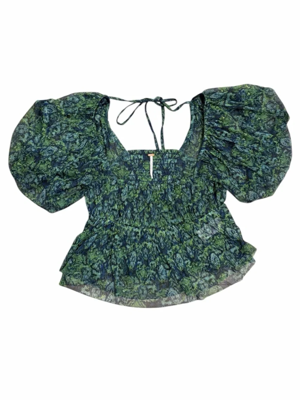 Free‎ People Penelope Dark Green Floral Smocked Square-Neck Peplum Top